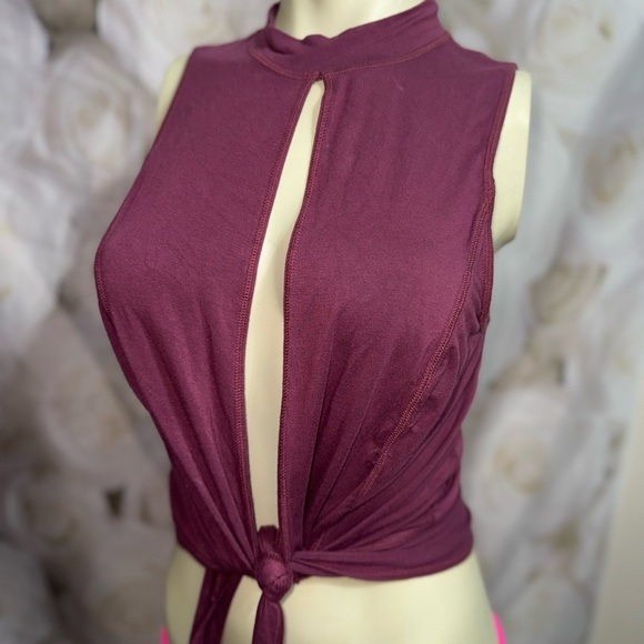 Free People Intimately Mock Neck Split Front Tie Cami - Wine/Bordeaux Size Large - Picture 6 of 16